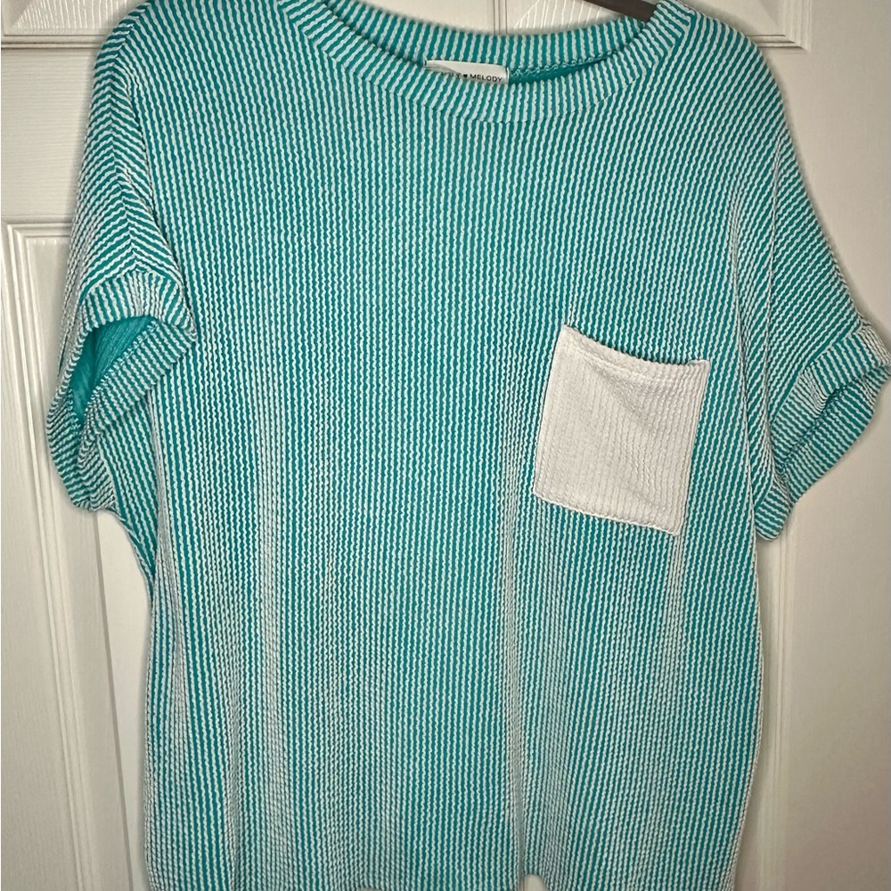Lovely Melody Green and White Ribbed Boxy Tee